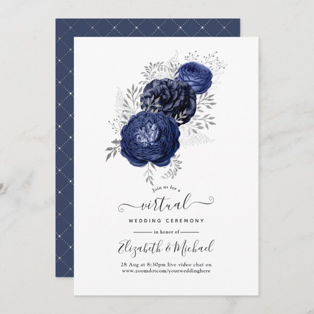 Rustic Navy and Silver Floral Virtual Wedding Invitation (Front/Back)