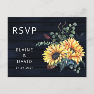 Rustic Navy Barn Wood Country Sunflowers RSVP Invitation Postcard