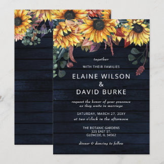 Rustic Navy Barn Wood Country Sunflowers Wedding Invitation