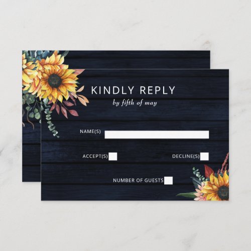 Rustic Navy Barn Wood Country Sunflowers Wedding RSVP Card