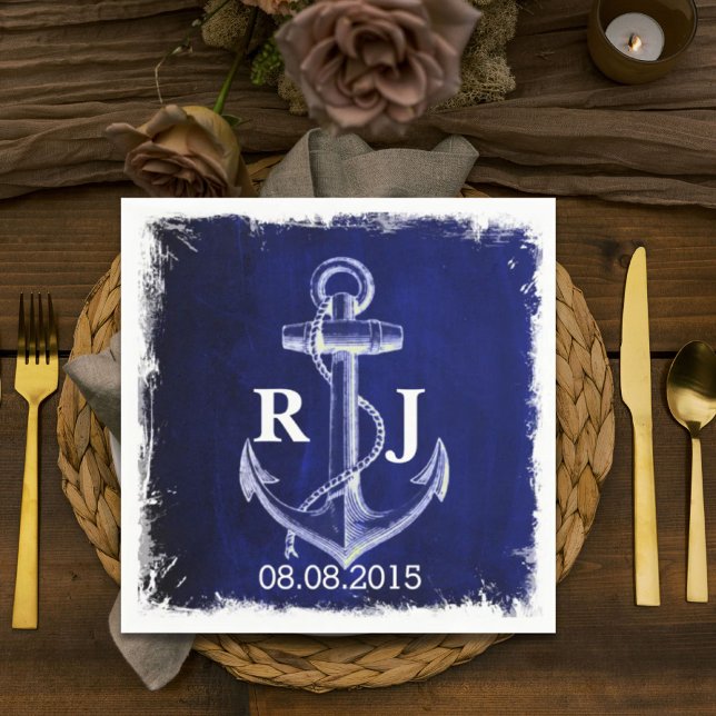 rustic Navy Blue anchor nautical wedding Paper Napkins (rustic Navy Blue anchor nautical wedding Paper Napkins)