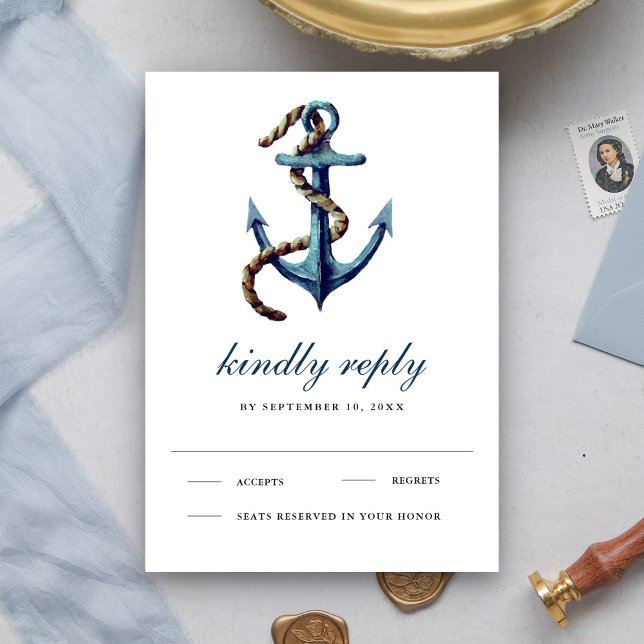 Rustic Navy Blue Anchor Rope Nautical Wedding RSVP Card (Creator Uploaded)