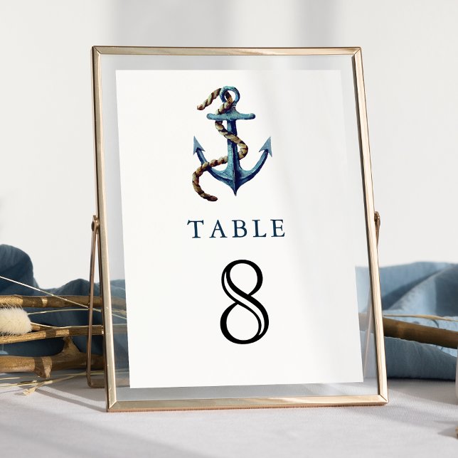 Rustic Navy Blue Anchor Rope Nautical Wedding Table Number (Creator Uploaded)