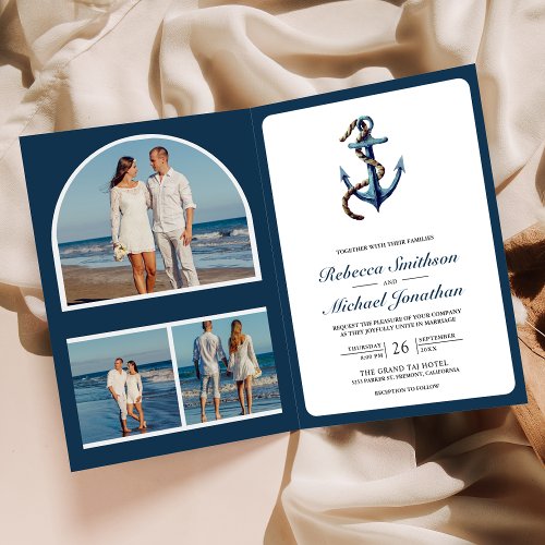 Rustic Navy Blue Anchor Rope Photo QR Code Wedding Invitation