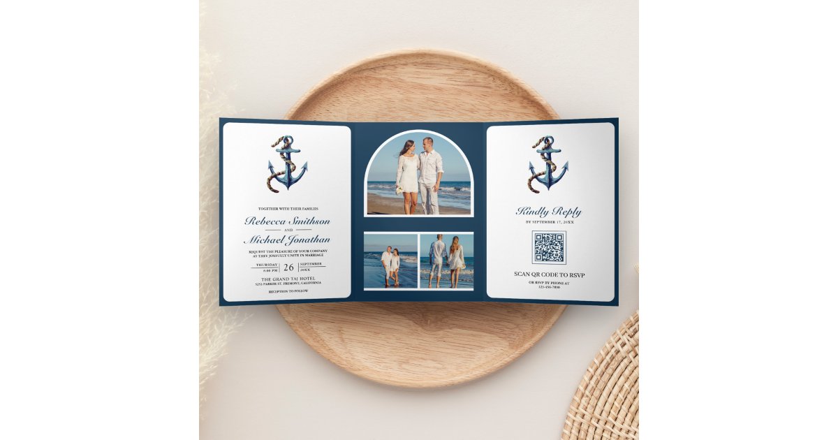 Qr Code On Rope Rustic Navy Blue Anchor Rope Photo QR Code Wedding Tri-Fold Invitation ...
