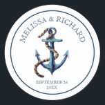 Rustic Navy Blue Anchor Wedding Classic Round Sticker<br><div class="desc">Elegant nautical theme wedding sticker featuring a watercolor painted anchor and string lights with modern typography.</div>