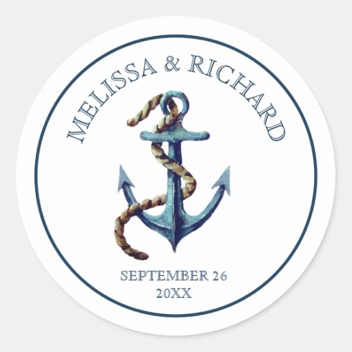 Rustic Navy Blue Anchor Wedding Classic Round Sticker