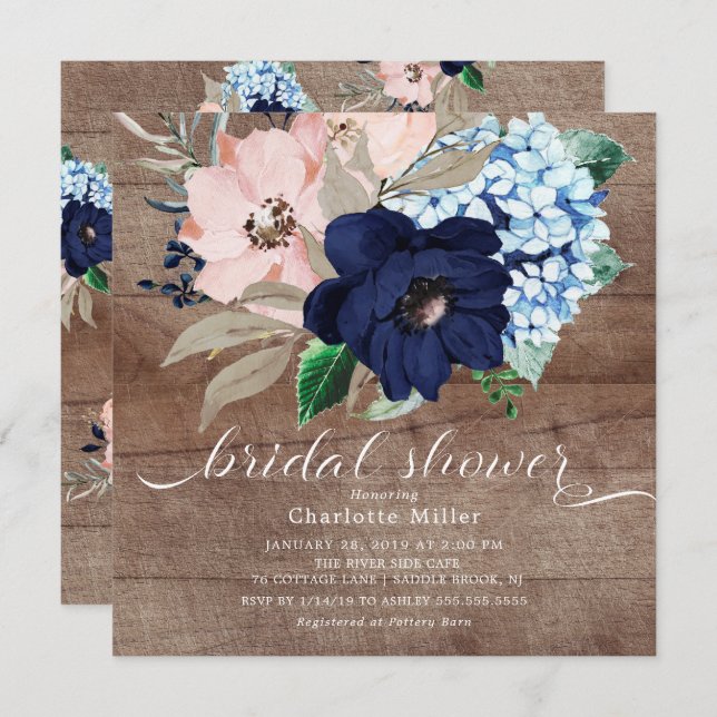 Rustic Navy Blue and Blush Flowers Bridal Shower Invitation (Front/Back)