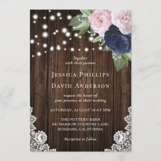 Rustic Navy Blue and Blush Wedding Invitations