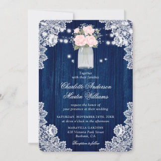 Rustic Navy Blue and Blush Wood Lace Wedding Invitation