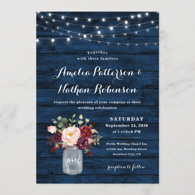 Rustic Navy Blue and Burgundy Blush Floral Wedding Invitation