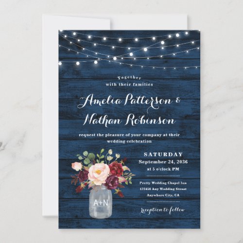 Rustic Navy Blue and Burgundy Blush Floral Wedding Invitation