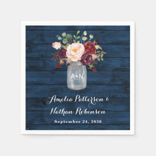 Rustic Navy Blue and Burgundy Blush Floral Wedding Napkins