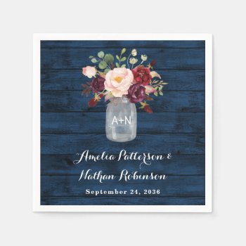 Rustic Navy Blue And Burgundy Blush Floral Wedding Napkins by RusticWeddings at Zazzle