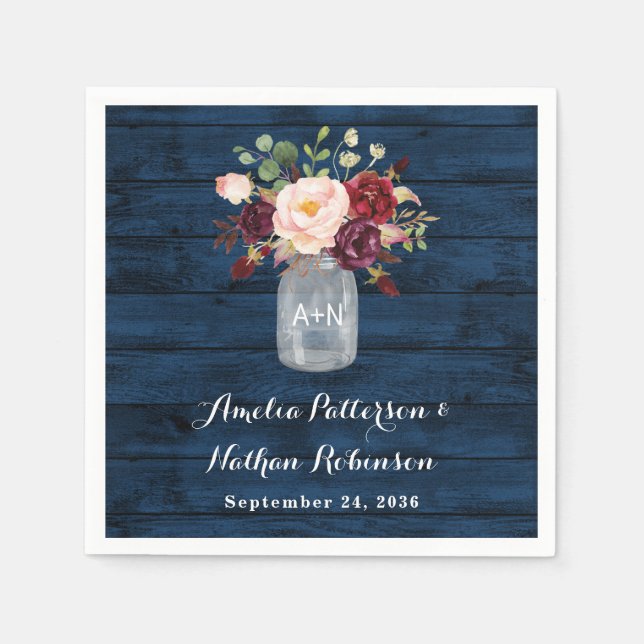 Rustic Navy Blue and Burgundy Blush Floral Wedding Napkins (Front)