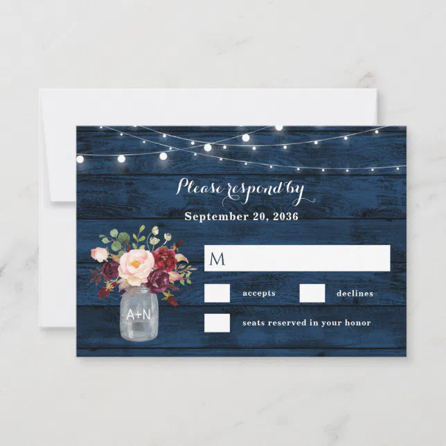 Rustic Navy Blue and Burgundy Blush Floral Wedding RSVP Card | Zazzle