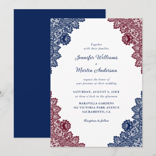 Rustic Navy Blue and Burgundy Floral Lace Wedding Invitation (Front/Back)