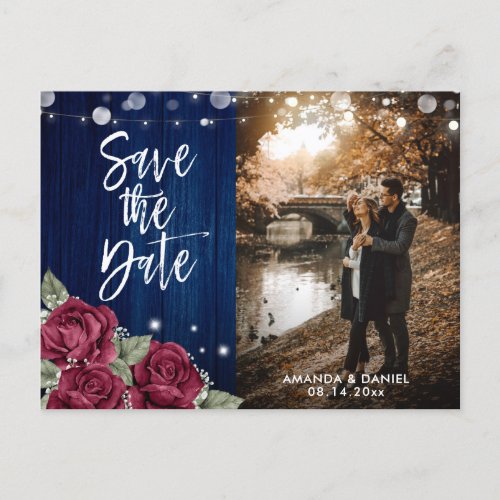 Rustic Navy Blue and Burgundy Floral Wedding Photo Announcement Postcard