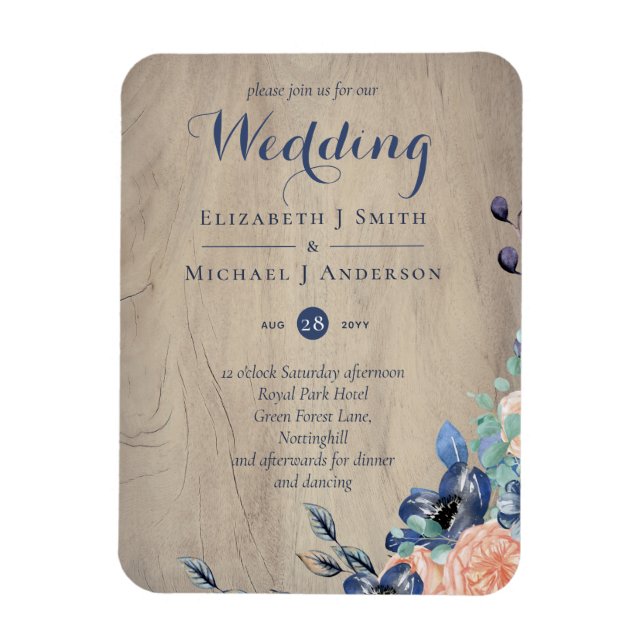 Rustic Navy Blue and Orange Wedding Woodland Magnet (Vertical)