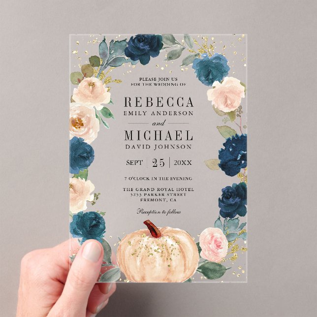 Rustic Navy Blue and Peach Floral Pumpkin Wedding Acrylic Invitations (Insitu (Handheld))