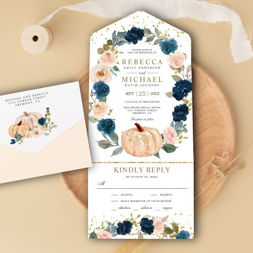 Rustic Navy Blue and Peach Floral Pumpkin Wedding All In One Invitation