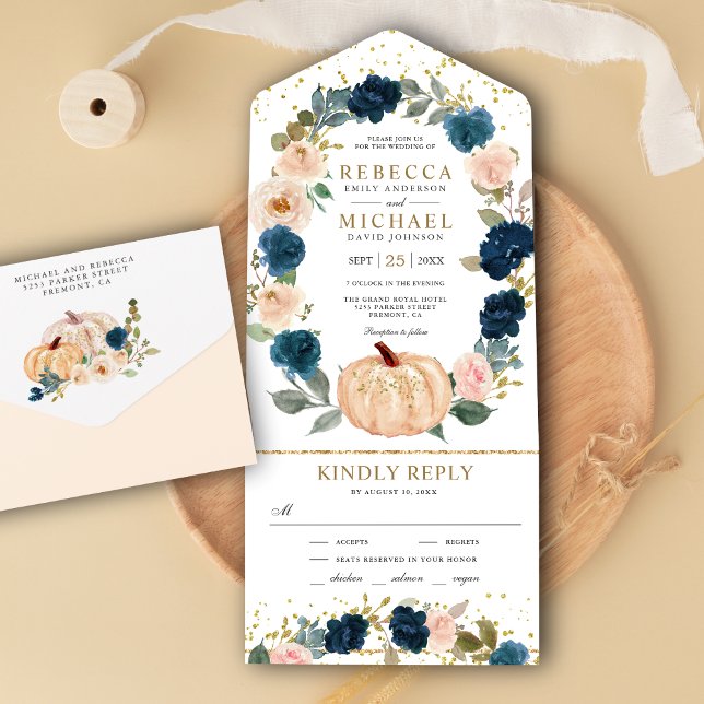 Rustic Navy Blue and Peach Floral Pumpkin Wedding All In One Invitation (Creator Uploaded)