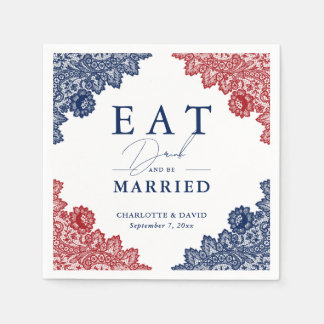 Rustic Navy Blue and Red Floral Lace Wedding Napkins