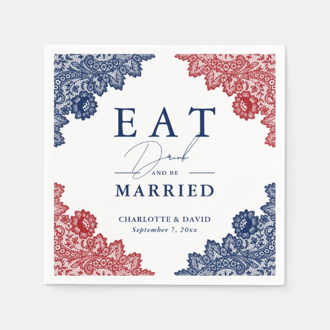 Rustic Navy Blue and Red Floral Lace Wedding Napkins (Front)