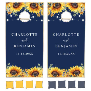 Rustic Navy Blue and Sunflower Wedding Floral Cornhole Set