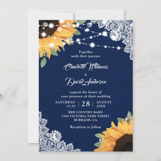 Rustic Navy Blue and Sunflower Wedding Invitations (Front)