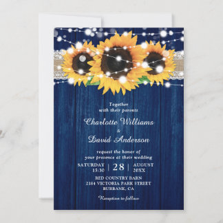 Rustic Navy Blue and Sunflower Wedding Invitations
