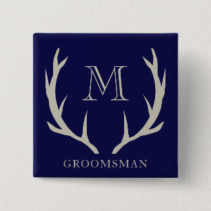 Rustic Navy Blue Antler Custom Groomsmen Gift Button