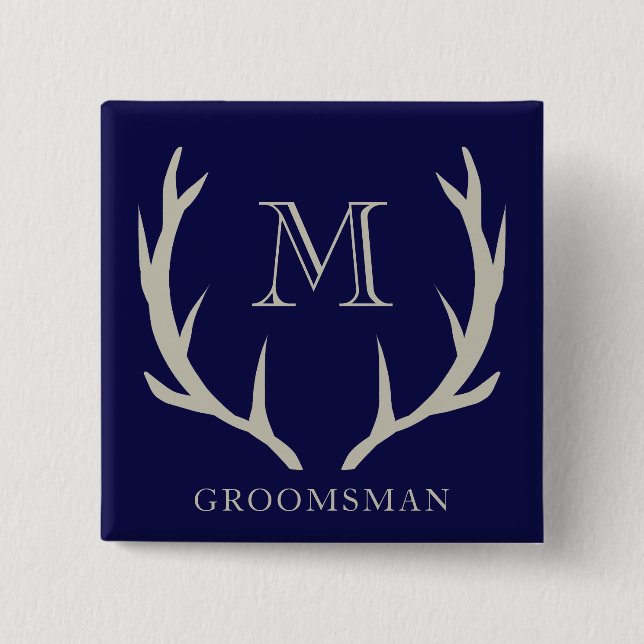 Rustic Navy Blue Antler Custom Groomsmen Gift Button (Front)