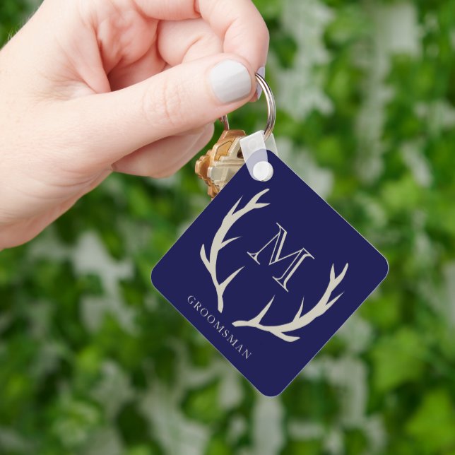 Rustic Navy Blue Antler Custom Groomsmen Gift Keychain (Hand)