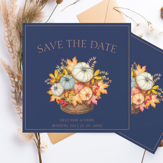 Rustic Navy Blue Autumn Pumpkin Wedding Save The Date (Creator Uploaded)