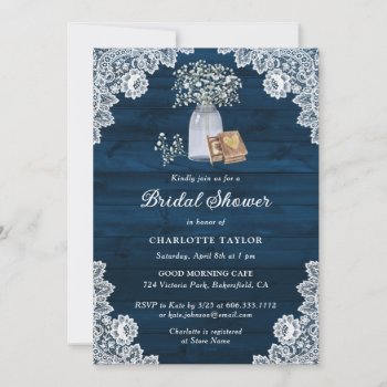 Rustic Navy Blue Baby's Breath Bridal Shower Invitation by palettepaperco at Zazzle