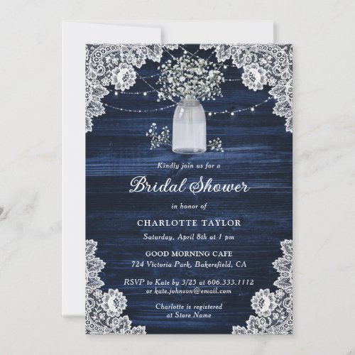 Rustic Navy Blue Babys Breath Bridal Shower Invitation