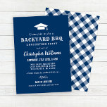 Rustic Navy Blue Backyard BBQ Graduation Party Invitation<br><div class="desc">"Backyard BBQ" party invitation features a graduation cap motif, stylish custom text in rustic and modern fonts, a scroll, and plaid pattern design elements, and white text. The dark navy blue background and gingham tablecloth plaid pattern on the back of the card can be customized. Perfect for a casual outdoor...</div>