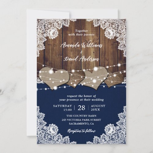 Rustic Navy Blue Barn Wood Burlap Lace Wedding Invitation