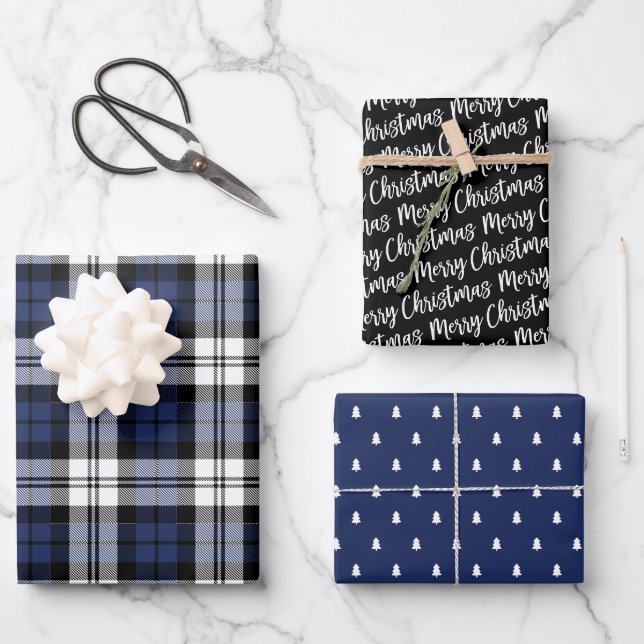 Rustic Navy Blue Black Watch Plaid Christmas Wrapping Paper Sheets (Front)