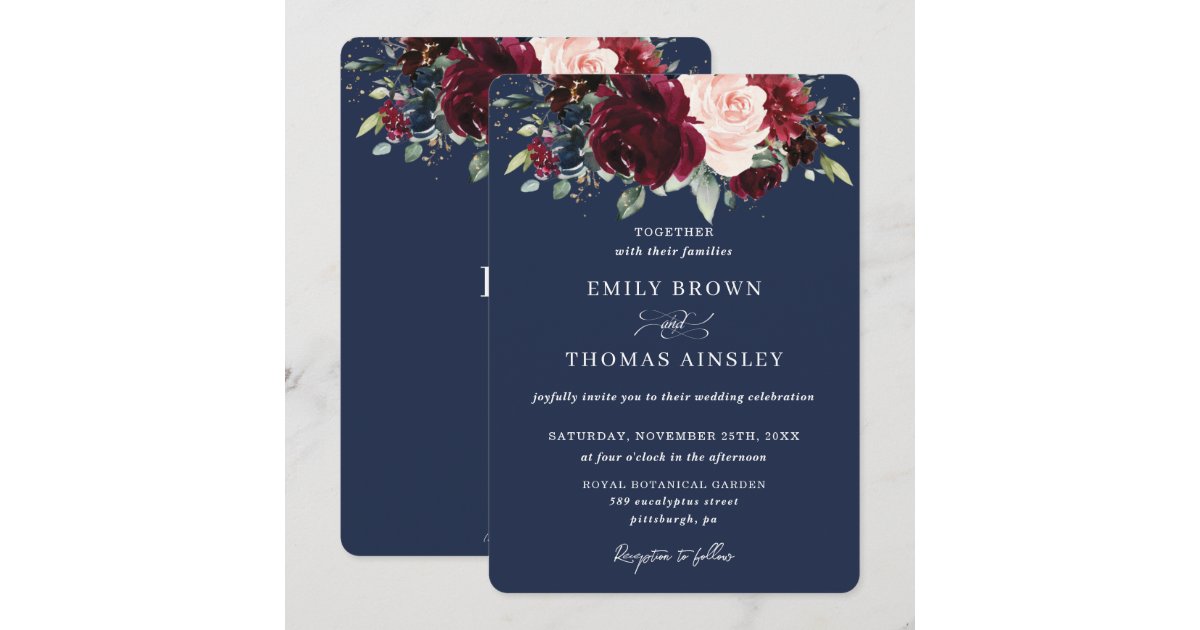 Rustic Navy Blue Blush Burgundy Floral Wedding Invitation | Zazzle