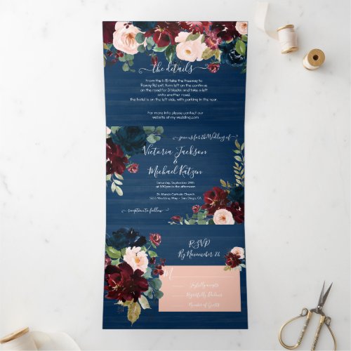 Rustic Navy Blue Blush  Burgundy Floral Wedding Tri_Fold Invitation