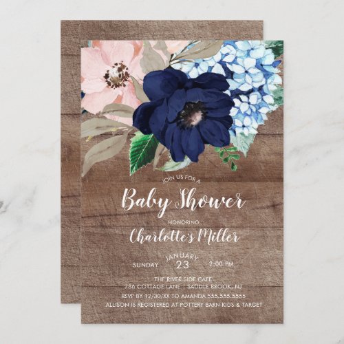 Rustic Navy Blue  Blush Floral Baby Shower Invitation