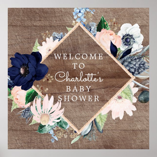 Rustic Navy Blue Blush Floral Baby Shower Welcome Poster (Front)