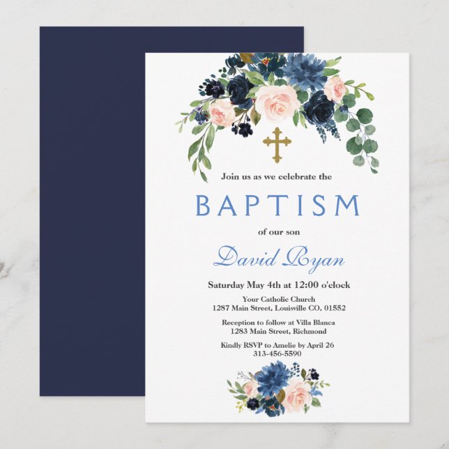 Rustic Navy Blue Blush Flowers Bloom Baptism Invitation (Front/Back)