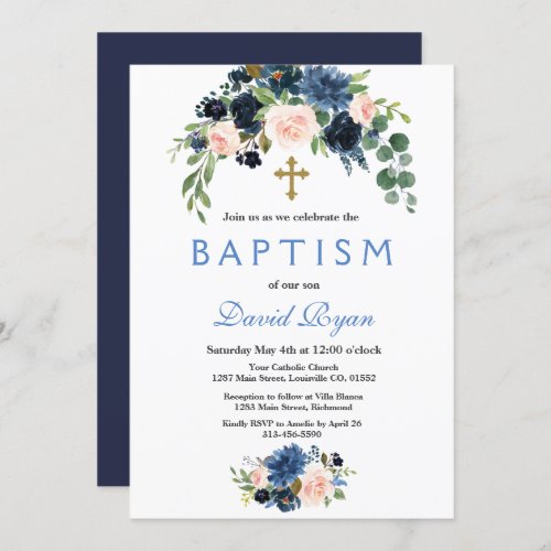 Rustic Navy Blue Blush Flowers Bloom Baptism Invitation