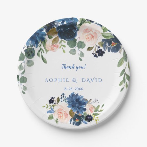 Rustic Navy Blue Blush Flowers Bloom Wedding Paper Plates