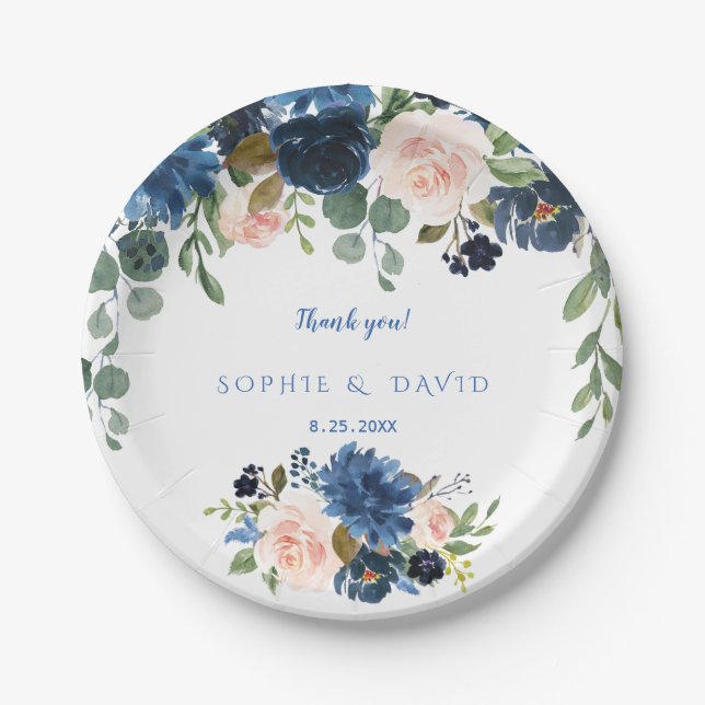 Rustic Navy Blue Blush Flowers Bloom Wedding Paper Plates (Front)
