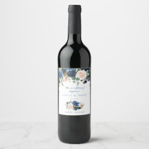 Rustic Navy Blue Blush Flowers Bloom Wedding Wine Label