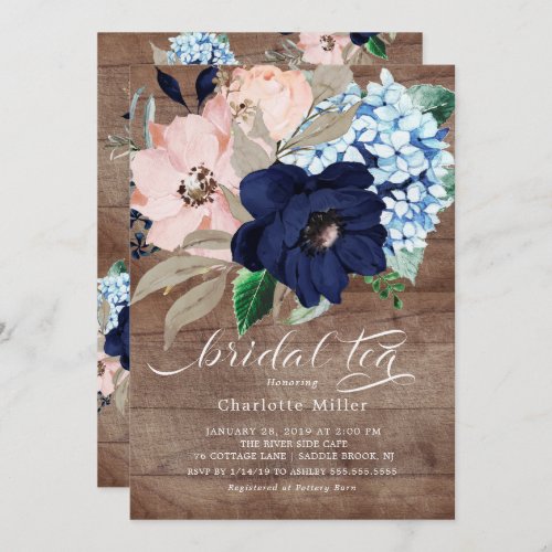 Rustic Navy Blue Blush Flowers Bridal Shower Tea Invitation